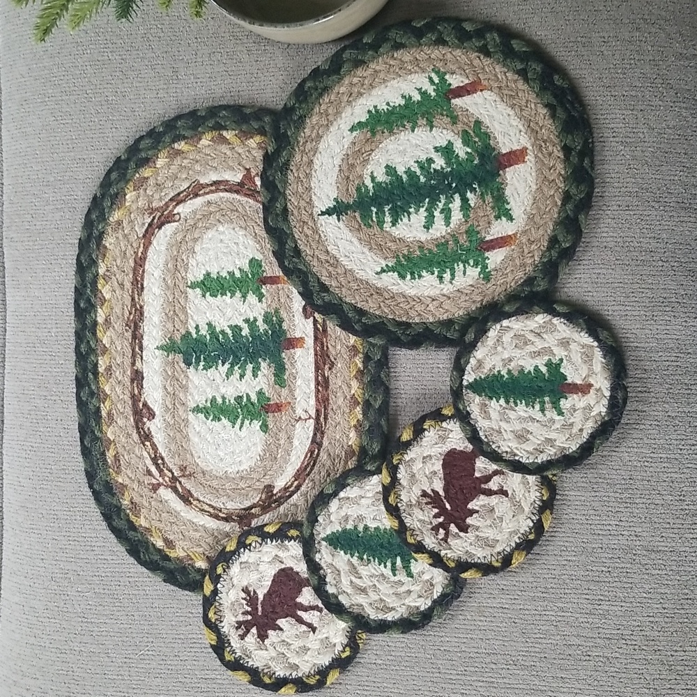 Lodge Trivets, Coasters, Mats. Moose and Pine Tree Set